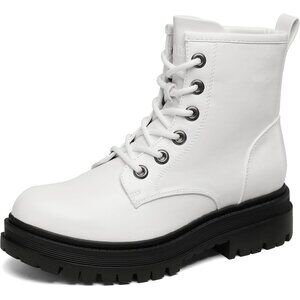 Women's Leather White Lace Up Ankle Bootie Side Zipper Lug Sole Boots